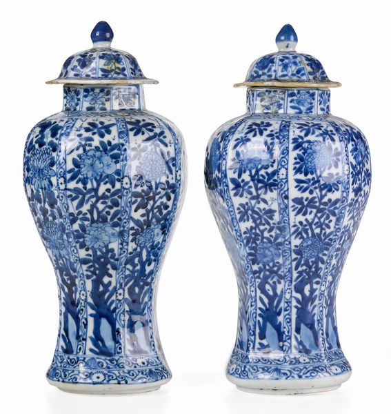 Coppia di potiches  a sezione esagonale e decori floreali in porcellana bianca e blu, Cina, Dinastia Qing, epoca Kangxi (1662-1722)  - Asta Dimore italiane - Associazione Nazionale - Case d'Asta italiane