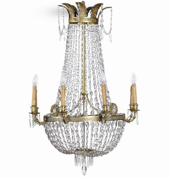Lampadario a mongolfiera a otto luci in bronzo e cristalli. XIX secolo  - Asta Dimore italiane - Associazione Nazionale - Case d'Asta italiane