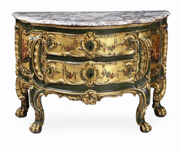 Cassettone in legno intagliato, laccato, dipinto e dorato, Germania, nei modi della bottega degli Hoppenaupt  - Asta Dimore italiane - Associazione Nazionale - Case d'Asta italiane