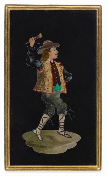 Mattonella in commesso di pietre dure e tenere su fondo in marmo nero del Belgio. Firenze XIX secolo Figuretta in costume che balla la tarantella  - Asta Dimore italiane - Associazione Nazionale - Case d'Asta italiane