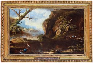 Gaspard Dughet, Attribuito a - Paesaggio fluviale con contadini e pescatori
