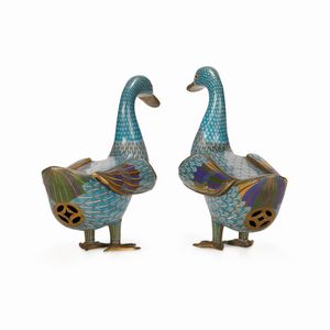 Coppia di papere a smalti cloisonn, Cina, Dinastia Qing, XIX secolo  - Asta Dimore italiane - Associazione Nazionale - Case d'Asta italiane
