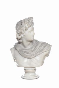 Coppia di busti in marmo raffiguranti l'Apollo del Belvedere e la Venere di Versailles. Arte neoclassica italiana del XIX secolo. Piedistalli a colonna in legno marmorizzato (antichi ma non pertinenti)  - Asta Dimore italiane - Associazione Nazionale - Case d'Asta italiane