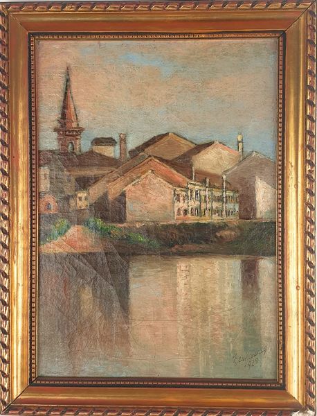 PITTORE DEL XIX SECOLO : Veduta di citt� dietro a uno specchio d'acqua  - Asta  Asta a Tempo - Antiquariato: Arredi, Icone, Dipinti Antichi e del XIX Secolo , Arte Orientale - Associazione Nazionale - Case d'Asta italiane