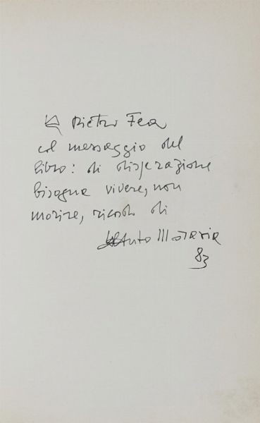 ALBERTO MORAVIA : Dedica e firma autografa su libro.  - Asta Autografi e Manoscritti | ASTA A TEMPO - PARTE I  - Associazione Nazionale - Case d'Asta italiane