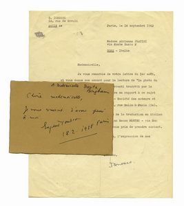 EUGENE IONESCO - Biglietto autografo firmato inviato a M.lle Darita Bingham.