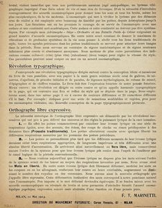 Filippo Tommaso Marinetti : L?Imagination sans fils et les mots en libert. Manifeste Futuriste.  - Asta Libri a stampa dal XVI al XX secolo | ASTA A TEMPO - PARTE II  - Associazione Nazionale - Case d'Asta italiane