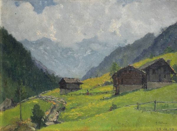 GIOVANNI COLMO Torino 1867 - 1947 : Baite in montagna 28.VI.29  - Asta Asta di Dipinti - Associazione Nazionale - Case d'Asta italiane