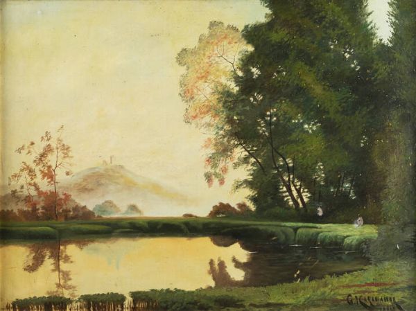 PITTORE NON IDENTIFICATO : Paesaggio lacustre  - Asta Asta di Dipinti - Associazione Nazionale - Case d'Asta italiane