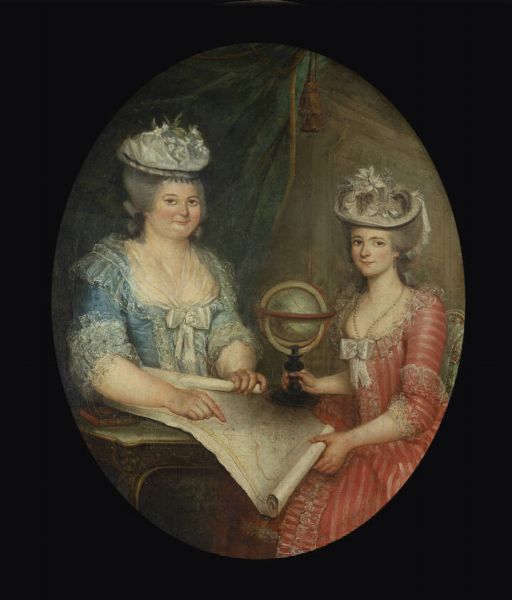 PITTORE ANONIMO : Dame con mappamondo e carta geografica XVIII secolo  - Asta Asta di Dipinti - Associazione Nazionale - Case d'Asta italiane