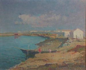 ROMOLO LEONE Napoli 1883-1958 - Marina con figure di bimbi 1956