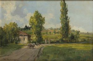 MARIO GHEDUZZI Crespellano (BO) 1891 - 1970 Torino - Paesaggio con armenti e contadina