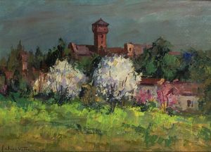 FELICE VELLAN Torino 1889 - 1976 - Ciliegi e peschi in primavera a Mazz ( Caluso) 1962