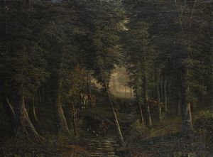 PITTORE NON IDENTIFICATO - Figura e cavalli nel bosco