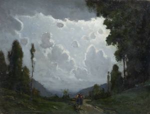 GIOVANNI COLMO Torino 1867 - 1947 - Paesaggio di mezza montagna con figure