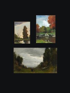 GIOVANNI COLMO Torino 1867 - 1947 - Lotto di tre dipinti: a - Paesaggio con figure b - Paesaggio con stagno C) Paesaggio con albero e laghetto