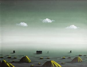 MARCELLO ANTONELLI Pesaro 1932 - 2009. - Paesaggio con figure e conchiglie 1967