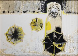 PONTE CORVO (Raffaele Pontecorvo) Roma 1910 - 1983 Torino - Figura con ombrelli 1956-57