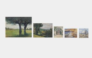 ROMOLO UBERTALLI Mosso Santa Maria (VC) 1871 - 1928 - Lotto di 5 dipinti A - Vetrata del '700 ante 1926 B - Paesaggio collinare C - Marina D - Paesaggio collinare E - Due alberi in campagna
