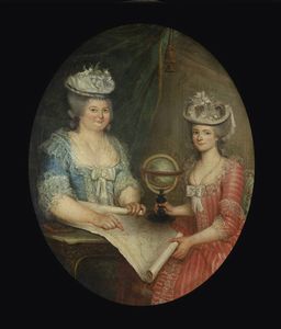 PITTORE ANONIMO - Dame con mappamondo e carta geografica XVIII secolo