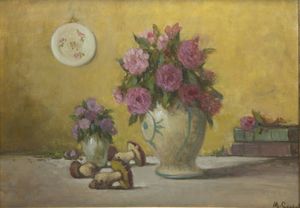 MARIO GACHET Torino 1879 - 1981 - Natura morta con vaso di fiori e funghi