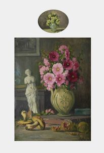 MARIO GACHET Torino 1879 - 1981 - Lotto di due dipinti a - Natura morta con fiori  scultura e funghi b - Vaso di fiori