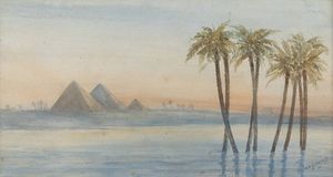 PITTORE NON IDENTIFICATO - Paesaggio con piramidi