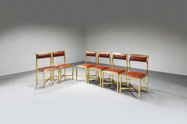 ROMEO REGA : Sei sedie con struttura in ottone e rivestimenti in pelle.  Anni '70 cm 88x45x45  Difetti  - Asta Asta di Design - Associazione Nazionale - Case d'Asta italiane