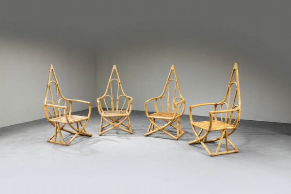 PRODUZIONE ITALIANA : Quattro sedie in bamboo. Anni '70 cm 131x65x60  Difetti  - Asta Asta di Design - Associazione Nazionale - Case d'Asta italiane