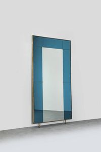 CRISTAL ART - Grande specchiera con bordo in ottone  cristallo specchiato colorato. Anni '50 cm 182x94x4
