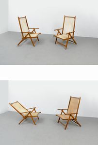 PRODUZIONE ITALIANA - Quattro sedie a sdraio in legno  sedute in tessuto telato. Anni '60 cm 85x117x62