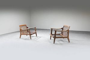 PRODUZIONE DANESE - Coppia di poltrone con struttura in legno. Anni '70 cm 70x71x71  Difetti