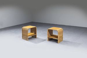PRODUZIONE ITALIANA - Coppia di comodini in vimini e bamboo. Anni '70 cm 45x45x36