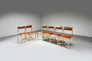 ROMEO REGA - Sei sedie con struttura in ottone e rivestimenti in pelle.  Anni '70 cm 88x45x45  Difetti