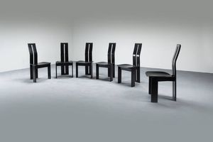 MARIO MARENCO - Sei sedie in legno verniciato  seduta imbottita rivestita in pelle. Anni '80 cm 94x46x48