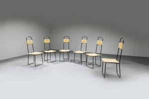 PRODUZIONE ITALIANA - Sei sedie con struttura in ferro verniciato e seduta in paglia intrecciata.  Anni '70 cm 75x60x65  Difetti