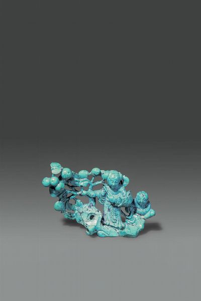 GRUPPO IN TURCHESE : Gruppo in turchese con figure e albero di melograno  Cina  Repubblica  XX sec H cm 10x15  - Asta Asta di Arte Orientale - Associazione Nazionale - Case d'Asta italiane