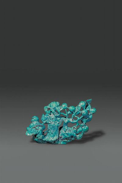 GRUPPO IN TURCHESE : Gruppo in turchese con figure e albero di melograno  Cina  Repubblica  XX sec H cm 10x15  - Asta Asta di Arte Orientale - Associazione Nazionale - Case d'Asta italiane