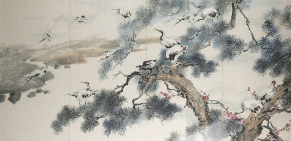 DIPINTO : Dipinto su carta rintelata raffigurante gru su albero  Cina  dinastia Qing  XIX sec H cm 68x134  - Asta Asta di Arte Orientale - Associazione Nazionale - Case d'Asta italiane