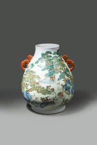 VASO - Grande vaso Hu in porcellana a smalti policromi con decoro a cento cervi  Cina  Repubblica  XX sec H cm 45 5 Diam  [..]