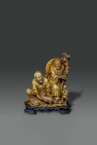 SCULTURA - Gruppo in saponaria raffigurante monaci con animali  Cina  dinastia Qing   XIX sec H cm 14 5x11 5