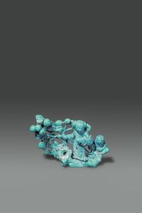 GRUPPO IN TURCHESE - Gruppo in turchese con figure e albero di melograno  Cina  Repubblica  XX sec H cm 10x15