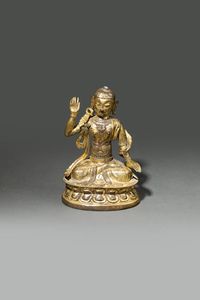 BUDDHA - Buddha in bronzo dorato seduto nella posizione del loto  Cina  dinastia Qing  XVIII sec H cm 18x13