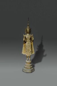 BUDDHA - Figura di Buddha in bronzo dorato nella posizione eretta  Thailandia  XIX secolo. h cm 71 5x18