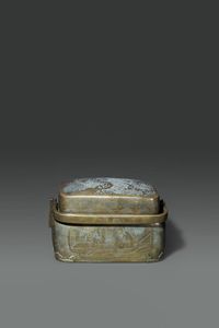 SCALDAPIEDI - Scaldapiedi in bronzo dorato  decorato con figure entro riserve  Cina  dinastia Qing  XIX sec H cm 18x31