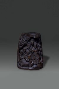 PORTA PENNELLI - Porta pennelli in bamboo scolpito con personaggi Cina  Repubblica  XX sec. H cm 23 5x18