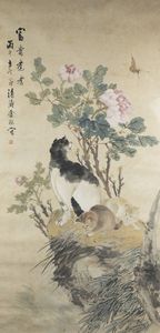 DIPINTO - Dipinto su carta raffiguranti gatti con iscrizioni  Cina  Repubblica  XX sec H cm 145x76