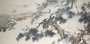 DIPINTO - Dipinto su carta rintelata raffigurante gru su albero  Cina  dinastia Qing  XIX sec H cm 68x134