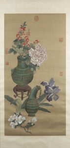 DIPINTO - Dipinto su seta raffigurante vasi arcaici con fiori  Cina  Repubblica  XX sec H cm 96x46