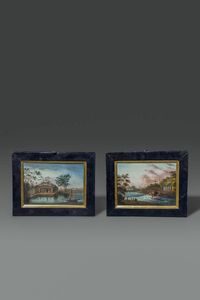 COPPIA DI QUADRETTI - Coppia di quadretti  olio su tela finemente dipinti con scene di pesca  Cina  dinastia Qing  XVIII sec. H cm 2 [..]